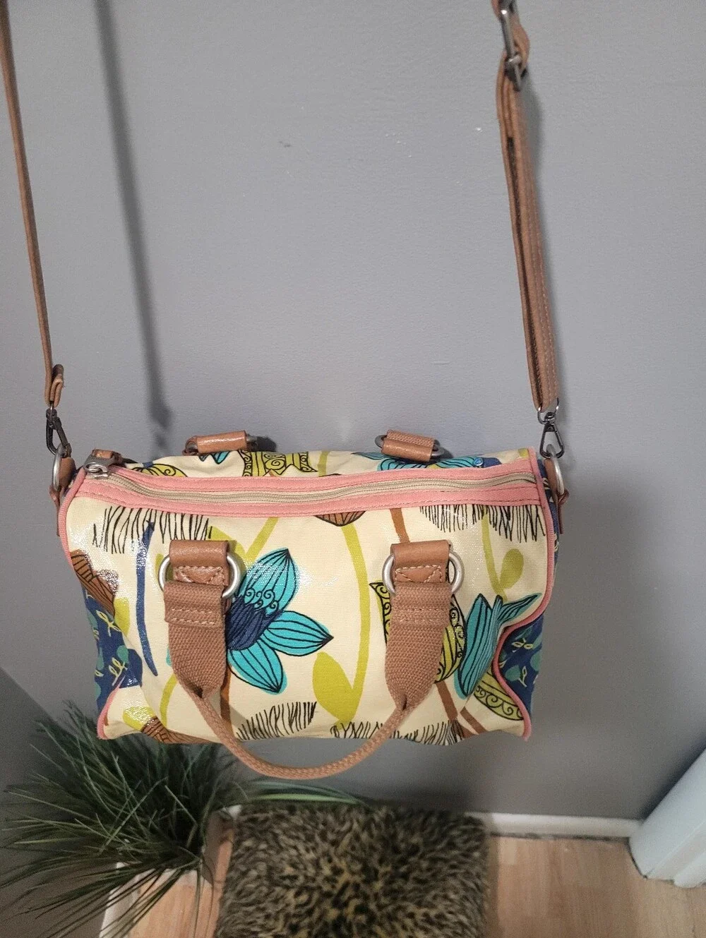 Vintage Fossil-Canvas Floral Coated Zip Shoulder/Crossbody Bag